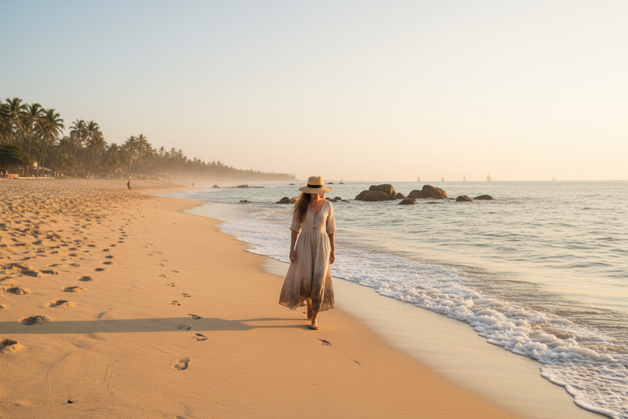 a lady walking on a beach
