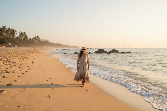 a lady walking on a beach